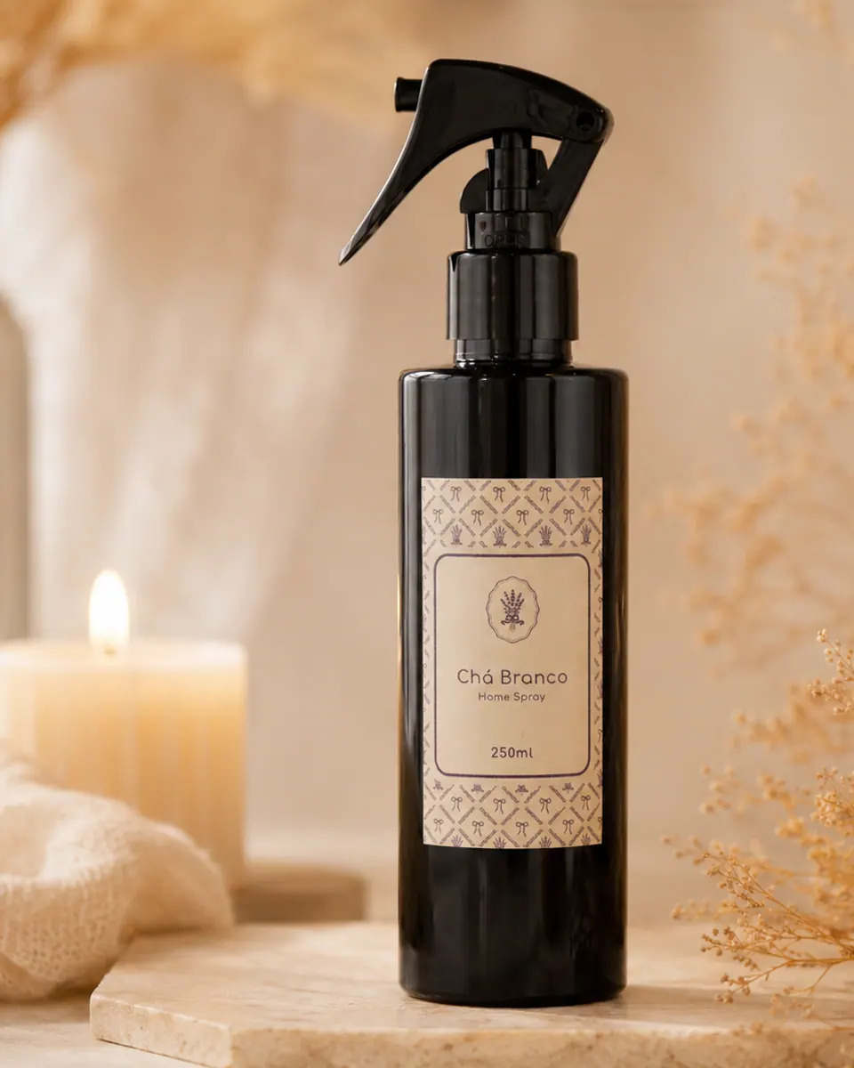 Home spray Chá Branco em uma composição clara com tecidos naturais