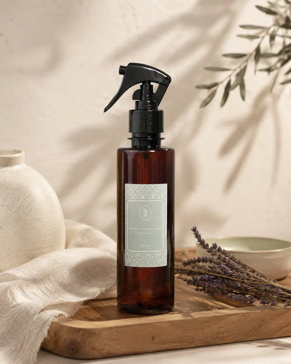Home spray Pomelo e Capim Limão em uma composição clara com folhagens