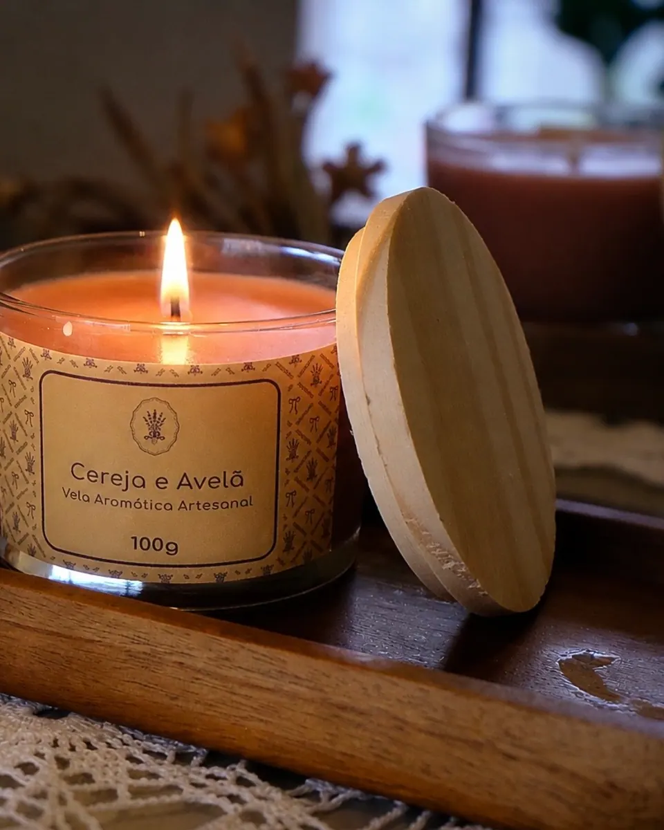 Vela Cereja e Avelã acesa em uma composição de madeira